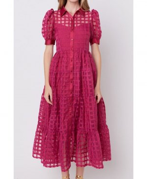 Женское многоярусное платье макси из органзы в сетку , красный English Factory