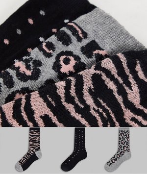 Подарочный набор из 3 пар носков черного, серого цвета и со звериным принтом -Разноцветный Dune
