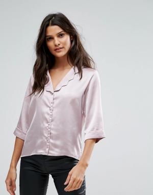 Атласная блузка с фигурным воротником, рукавами 3/4 и цветочным принтом Goldie. Цвет: розовый