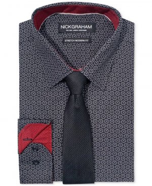 Мужская классическая рубашка узкого кроя с узором в виде круга и усилителем; Набор галстуков , черный Nick Graham