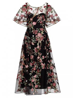 Коктейльное платье из тюля с цветочной вышивкой , черный Marchesa Notte