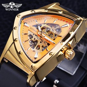 Мужские механические часы со скелетонизированным циферблатом, треугольные наручные часы, роскошные золотые автоматические силиконовый ремешок, Reloj Hombre WINNER