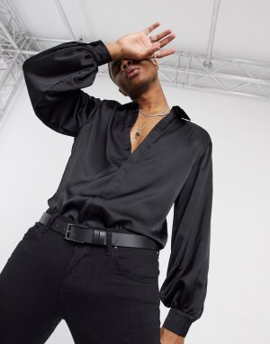 Черная атласная рубашка с длинными объемными рукавами -Черный ASOS DESIGN