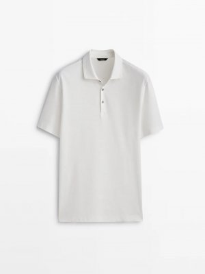 Рубашка-поло из микро-твила с короткими рукавами и диагональными , кремовый Massimo Dutti