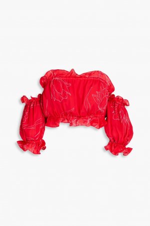 Укороченный шелковый топ с открытыми плечами и цветочным принтом , красный Carolina Herrera