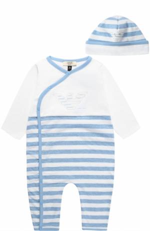 Хлопковая пижама в комплекте с шапкой Armani Junior. Цвет: голубой