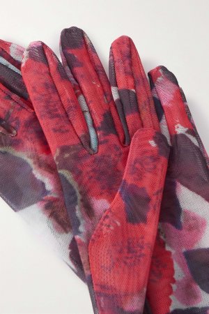 DRIES VAN NOTEN Перчатки из эластичной сетки с цветочным принтом, красный