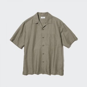 Рубашка UNIQLO льняная с открытым вырезом короткими рукавами, оливковый
