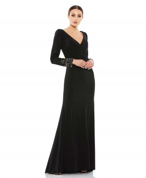 Женское платье с длинными рукавами и запахом поверх раструба манжетами из бисера MAC DUGGAL, черный Duggal