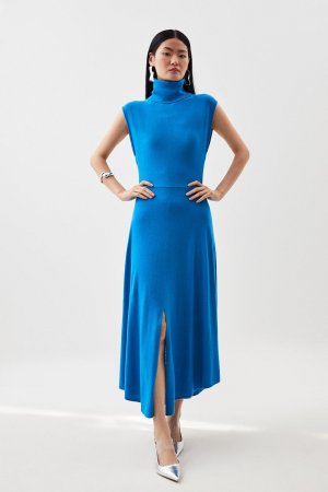 Трикотажное платье мидакси без рукавов из смеси кашемира с высоким воротником и воротником-стойкой , синий Karen Millen