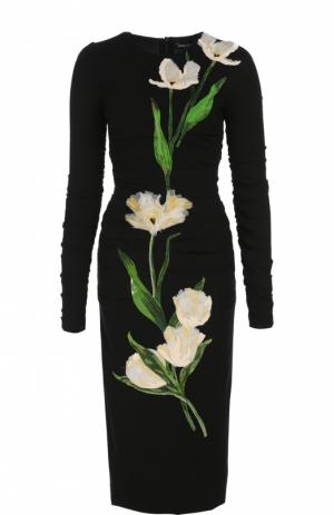 Платье-футляр с длинным рукавом и цветочной отделкой Dolce & Gabbana. Цвет: черный