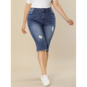 Женские джинсовые леггинсы больших размеров с рваными прорезными карманами и капри , синий Agnes Orinda