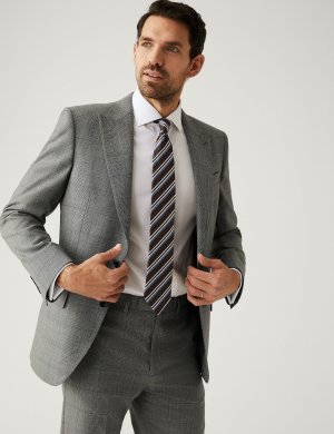 Пиджак стандартного кроя из чистой шерсти в клетку , серый микс Marks & Spencer