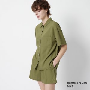 Пижама UNIQLO льняная с короткими рукавами, темно-зеленый