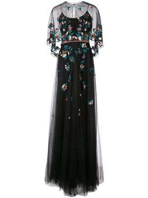 Платье с кейпом и цветочной вышивкой Marchesa Notte. Цвет: черный
