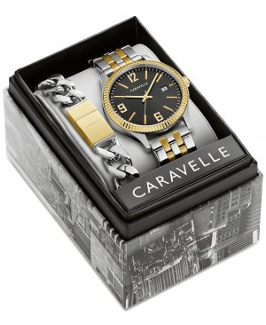 Мужские двухцветные часы-браслет из нержавеющей стали, 41 мм, подарочный набор Caravelle