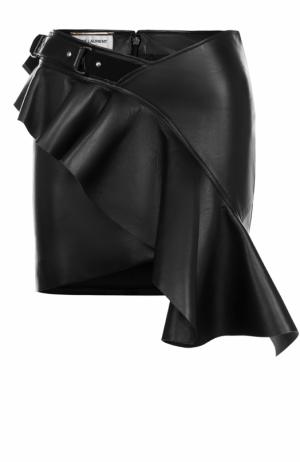 Кожаная мини-юбка с оборкой Saint Laurent. Цвет: черный