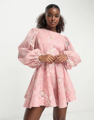 Розовое платье мини с открытой спиной Broderie Bardot