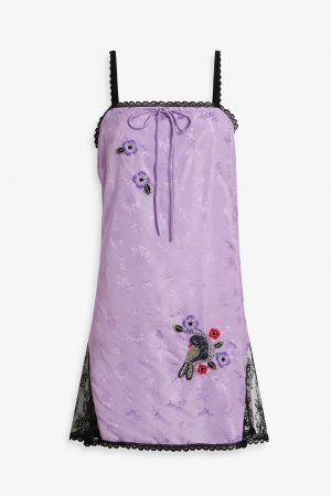 Платье мини из атласного жаккарда с кружевной отделкой и декором , лаванда Anna Sui