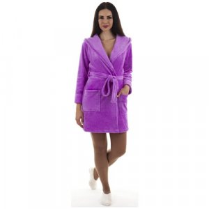 Халат укороченный, длинный рукав, капюшон, карманы, пояс, размер 40/42, фиолетовый S-Family. Цвет: сиреневый/фиолетовый