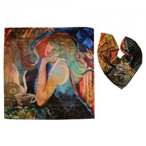 Платок женский шелковый, разноцветный, с авторским арт-принтом Я, мысли и кофе Оланж Ассорти