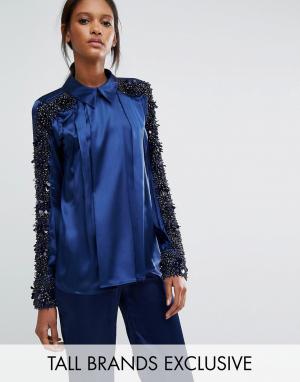 Атласная блузка с бисерной отделкой Starry Eyed Tall. Цвет: темно-синий