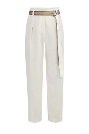 Прямые брюки из фактурного льна с поясом и защипами BRUNELLO CUCINELLI. Цвет: бежевый