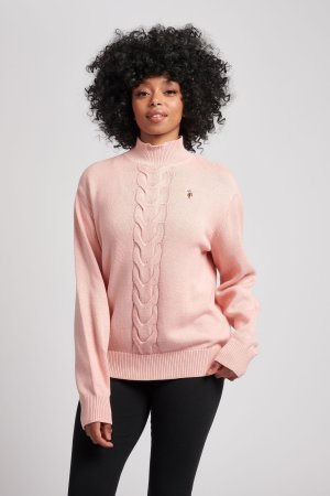 Женский толстый свитер косой вязки , розовый U.S. Polo Assn