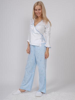 Пижама (кофта с запахом длинный рукав+штаны длинные) белый/голубой размер XL La Pastel. Цвет: голубой