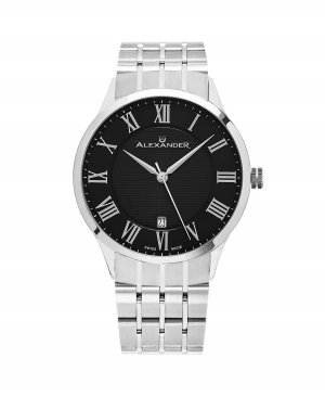 Мужские часы Triumph, серебристая нержавеющая сталь, черный циферблат, круглые 42 мм Alexander