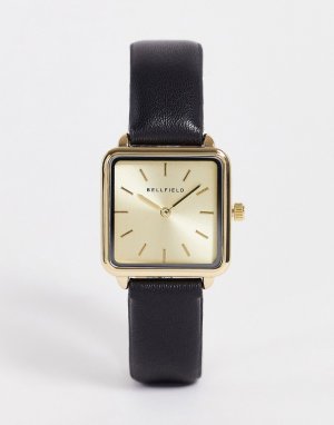 Черные часы с квадратным циферблатом в минималистичном стиле -Золотистый Bellfield