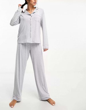 Пижамный комплект из рубашки с длинными рукавами и брюк мягкого джерси контрастной окантовкой серого меланжа ASOS