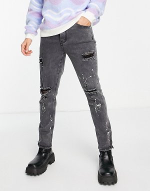 Черные выбеленные зауженные джинсы с принтом в виде брызг краски -Черный Liquor N Poker