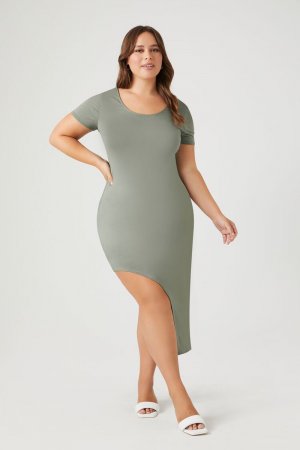 Асимметричное платье-футболка миди больших размеров , оливковый Forever 21