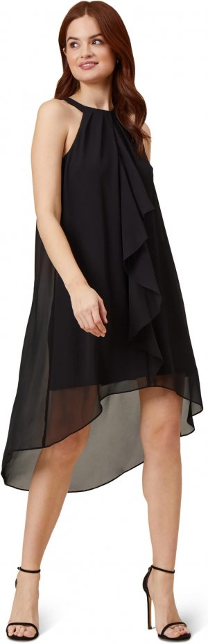 Платье из эластичного джерси с бретелькой на шее и шифоновой накладной оборкой , черный Adrianna Papell