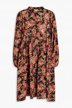 Платье-рубашка мини из смесового хлопка со сборками и цветочным принтом, черный byTiMo