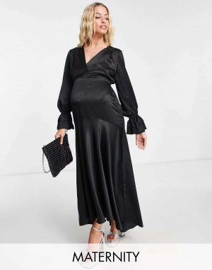 Черное атласное платье миди с длинными рукавами и воланами London Maternity Flounce