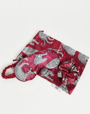 Подарочный набор из атласной маски для сна и резинки волос винного цвета с принтом леопардов -Красный Chelsea Peers