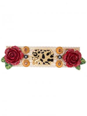 Заколка для волос с леопардовым принтом и декором в виде роз Dolce & Gabbana. Цвет: золотистый