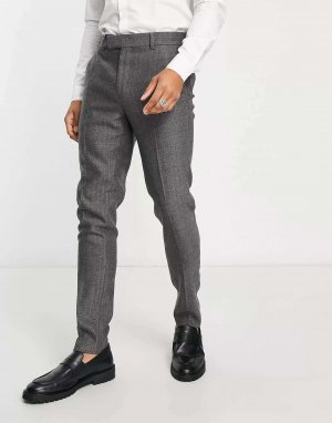 Темно-серые костюмные брюки скинни из смесовой шерсти с узором «елочка» Asos. Цвет: серый