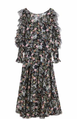 Приталенное платье-миди с принтом и оборками PREEN by Thornton Bregazzi. Цвет: черный