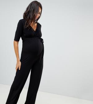 Комбинезон с V-образным вырезом и широкими штанинами Bluebelle Maternity. Цвет: черный