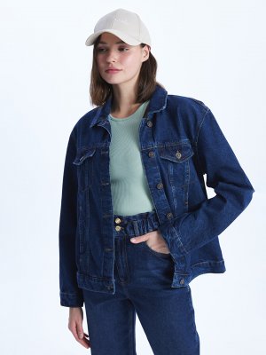 Простая женская джинсовая куртка с длинным рукавом рубашечным воротником , темное родео LCW Jeans