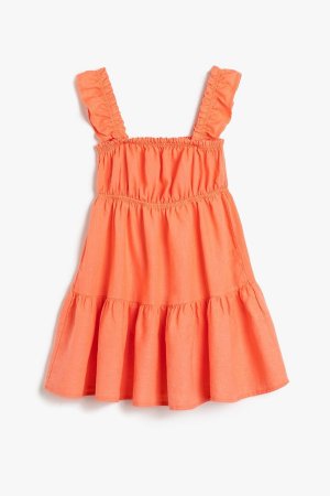 Льняное платье для девочек с рюшами и квадратным воротником 3skg80033aw , оранжевый Koton