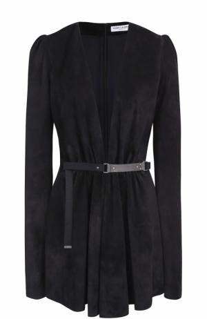 Замшевое мини-платье с глубоким V-образным вырезом и длинным рукавом Saint Laurent. Цвет: черный