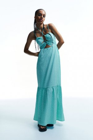 Длинное платье с вырезом, светло-бирюзовый/цветы H&M