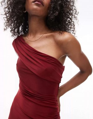 Супермягкое облегающее платье макси на одно плечо с драпировкой красного цвета Topshop