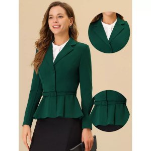 Женский офисный пиджак с баской и длинными рукавами зубчатыми лацканами поясом ALLEGRA K