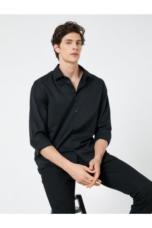 Базовая рубашка Классический воротник с манжетами длинными рукавами На пуговицах Без железа , черный Koton