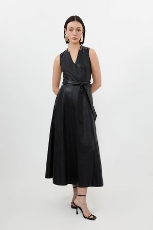 Платье макси с пышной юбкой из искусственной кожи вырезом и поясом , черный Karen Millen